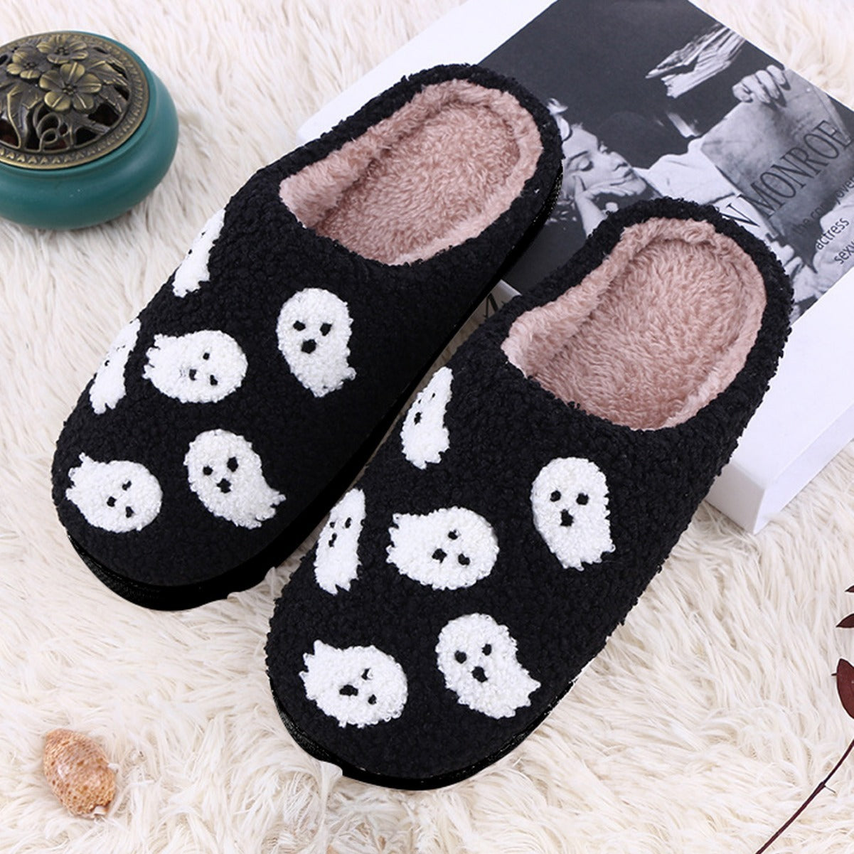Halloween Funny Spider Ghost Scary Flat Indoor House Shoes For Women